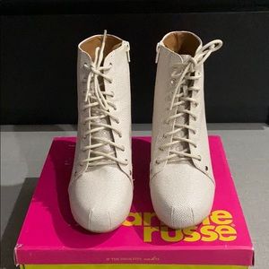 Brand New Nude Cream Peddle Laced Heel Booties